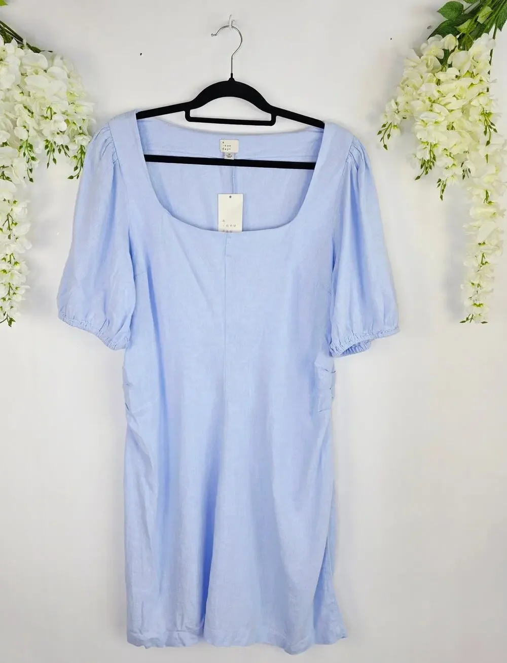 A New Day Mini Linen Dress Size 16 Light Blue Puff Sleeve Cottage Coastal Beach